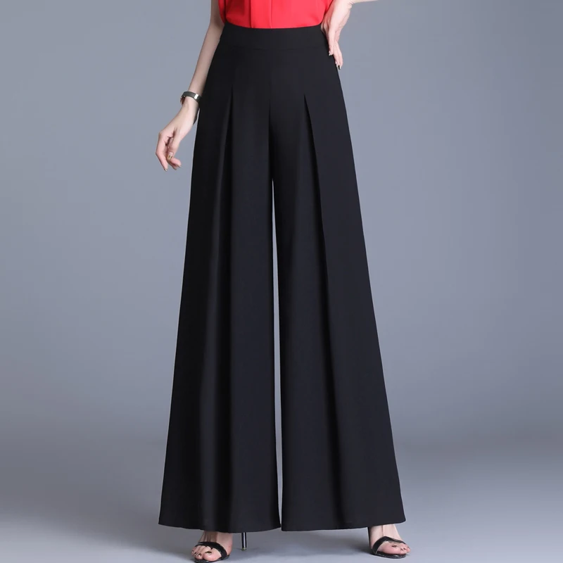 Women Casual Loose Chiffon Wide Leg Pants Summer High Waist Wide Leg Trousers Women Vintage Pleated Black Long Pants