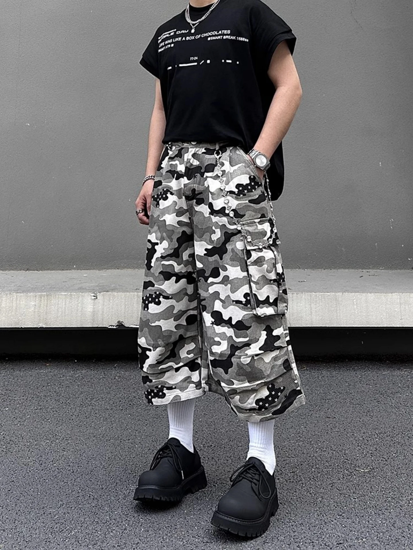 

American Camouflage Street Multi-ket Jazz Work Pants Loose Design Sense ex Seven-Quarter Length High Waist Jeans