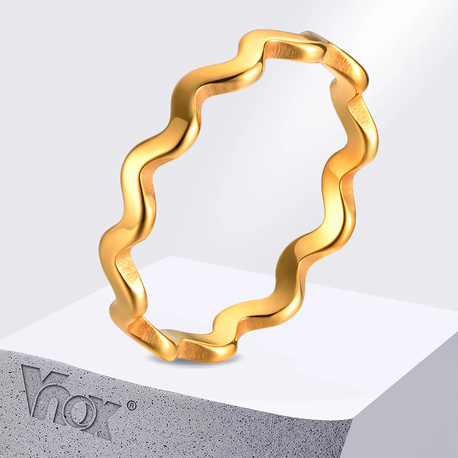 Vnox Simple 3.2mm Wave Shaped Women Rings, Gold Color Stainless Steel Chic Finger Band, Stackable Ring Jewelry