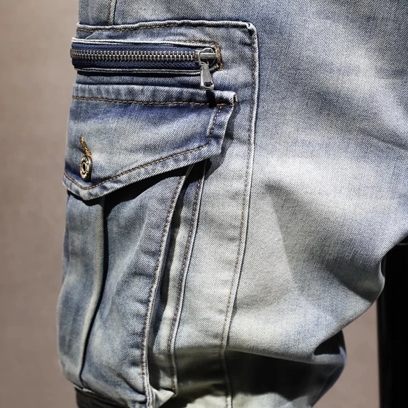 Street Designer Fashion Men Jeans Retro Washed Blue Stretch Slim Fit Multi Pockets Denim Cargo Pants Hombre Hip Hop Biker Jeans