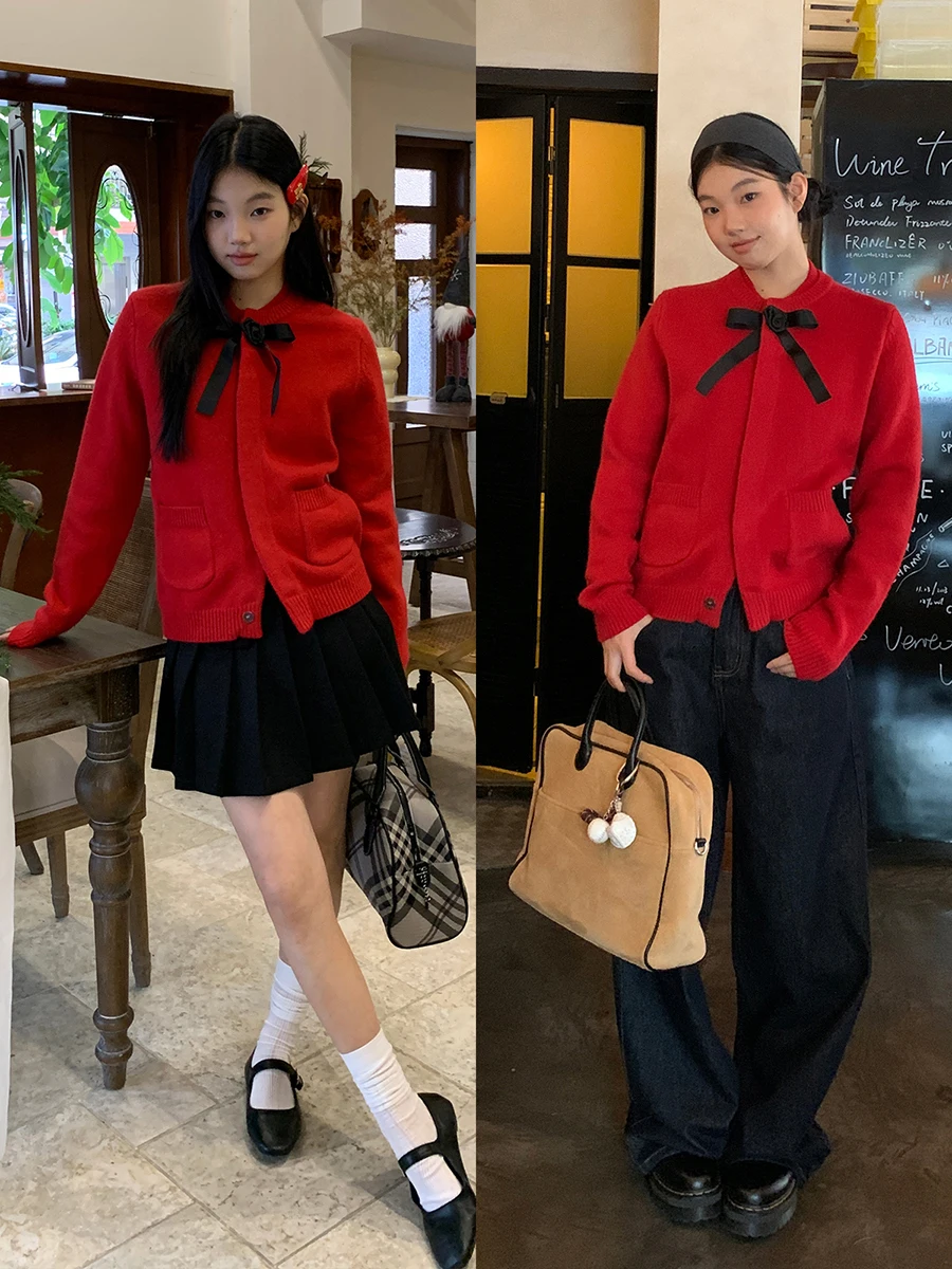 

Sli Red Knitted Sweater Coat Women's Autumn Winter Faionable Unique Design Casual Commute Sle Long Sve round Ne