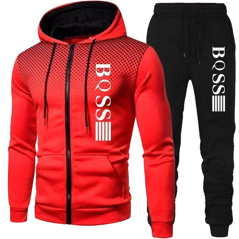 2024 new men\'s sportswear double zipper hooded pants suit sweatshirt cardigan autumn and winter clothes