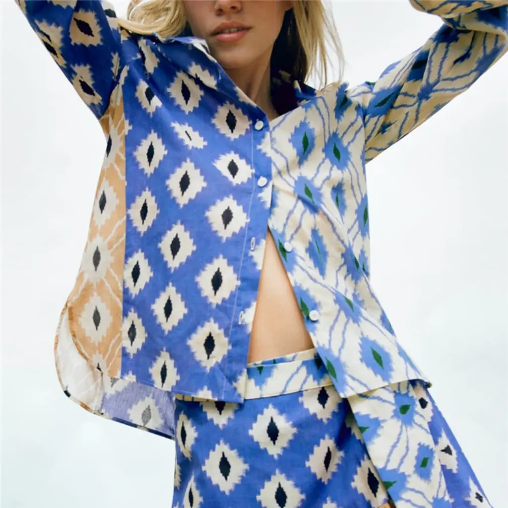 

Women's Printed Shirt And Skirt Set European American Style Trousers Combo Fashionable Ensemble