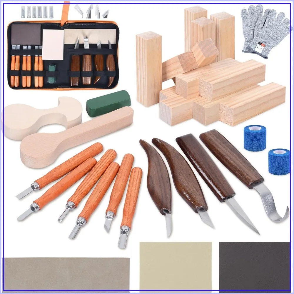 42pcs Wood Carving Tools Kit, Whittling Knife Set for Beginners, with 12 Basswood Blocks, Woodworking DIY Hobby for Spoon Bowl Kuksa Cup