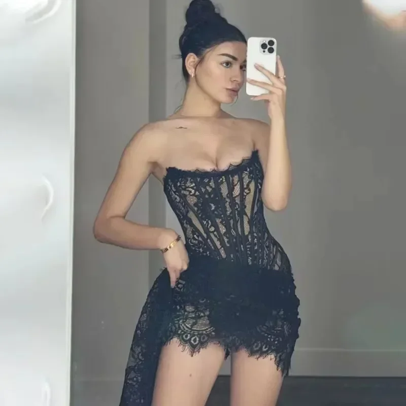 Pop Women's Sexy Lace Dress Solid Color Sheer Patchwork High Waist Lace Dress Elegant Printed Strapless Slim Evening Dress