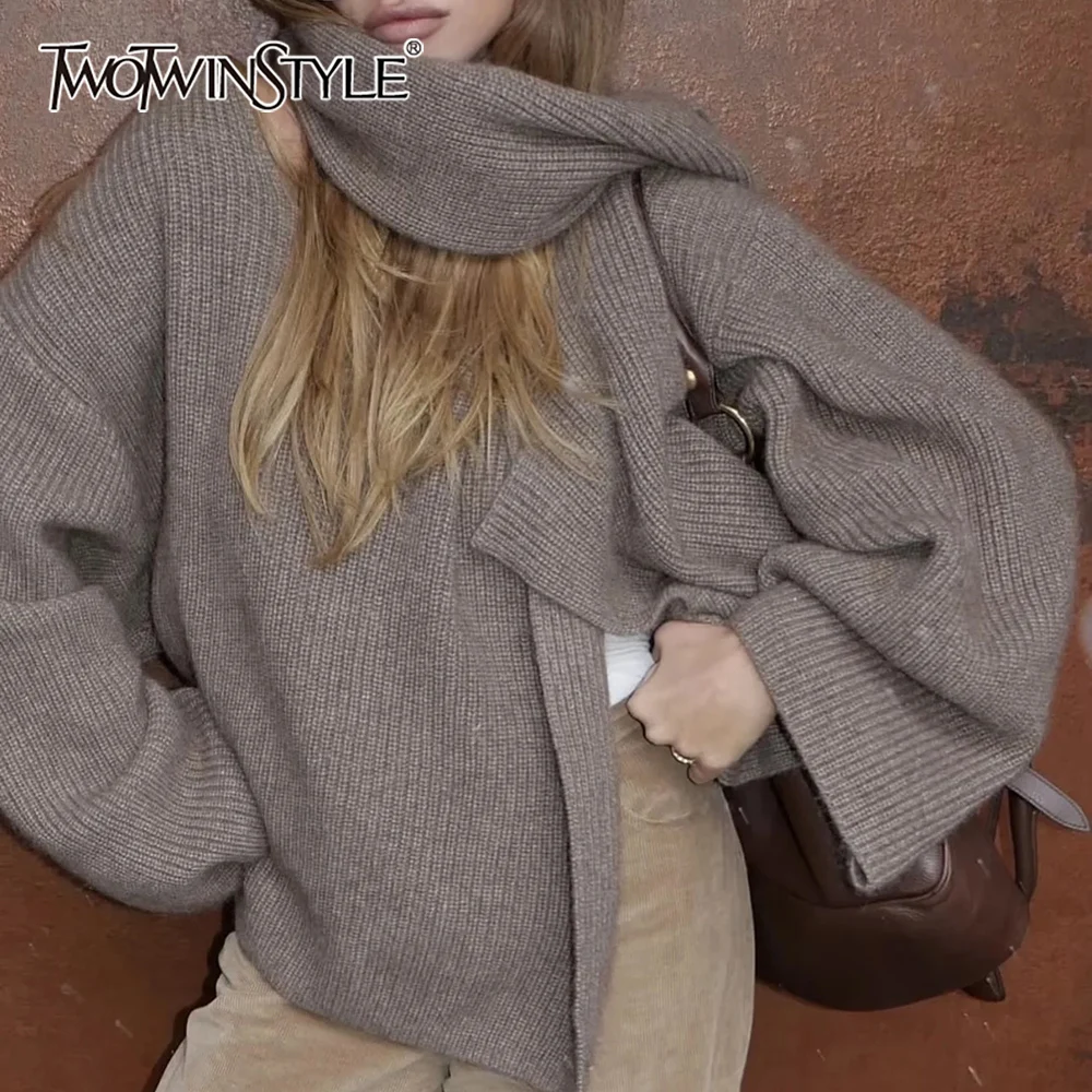 

TWOTWINSTYLE Loose Spliced Scarf Knitwear for Women Irregualer Neck Long Sleeve Temperament Split Hem Sweater Female Autumn New