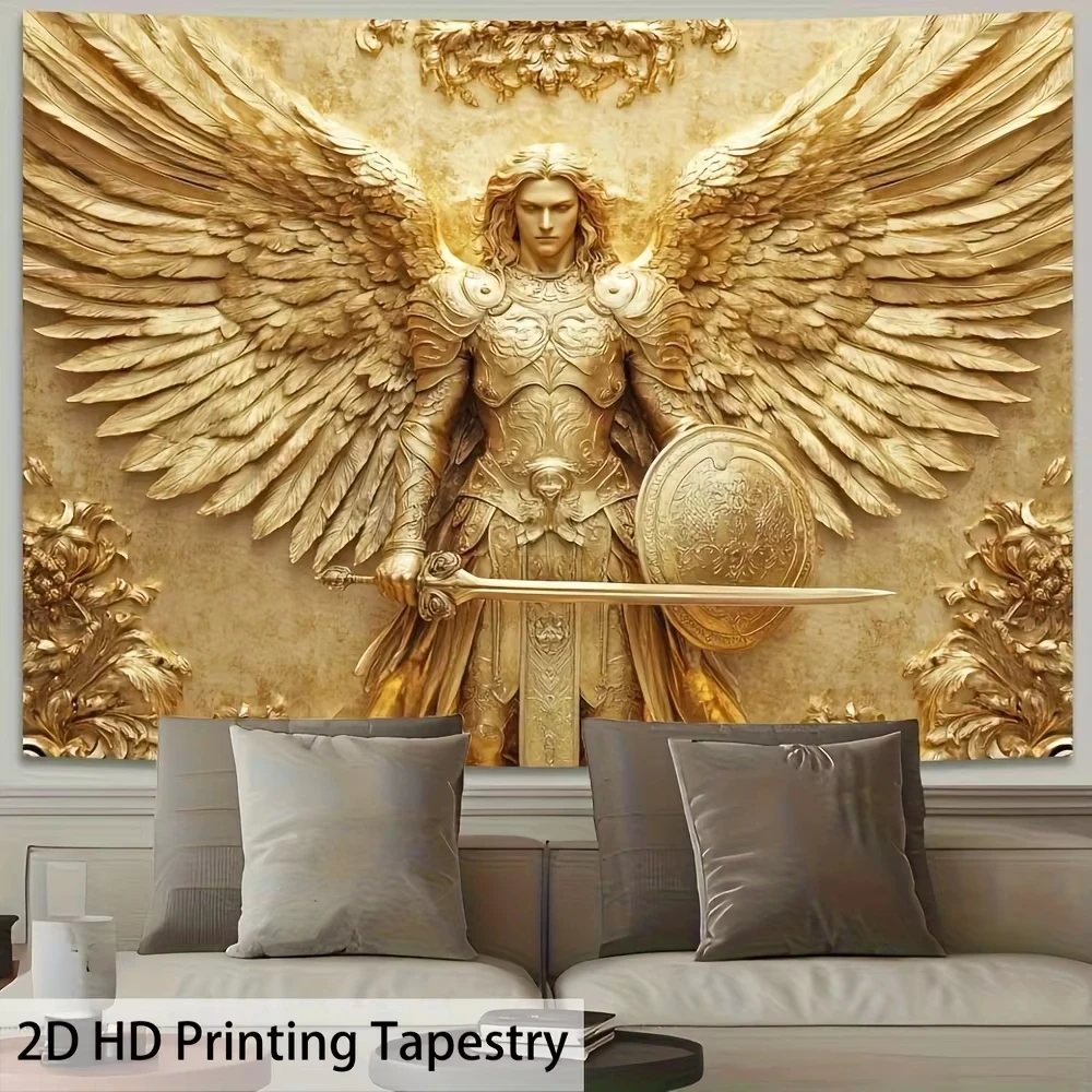 Gold Archangel Michael Tapestry Religious Wall Art for Bedroom Living Room Headboard Flat Print Multi Size