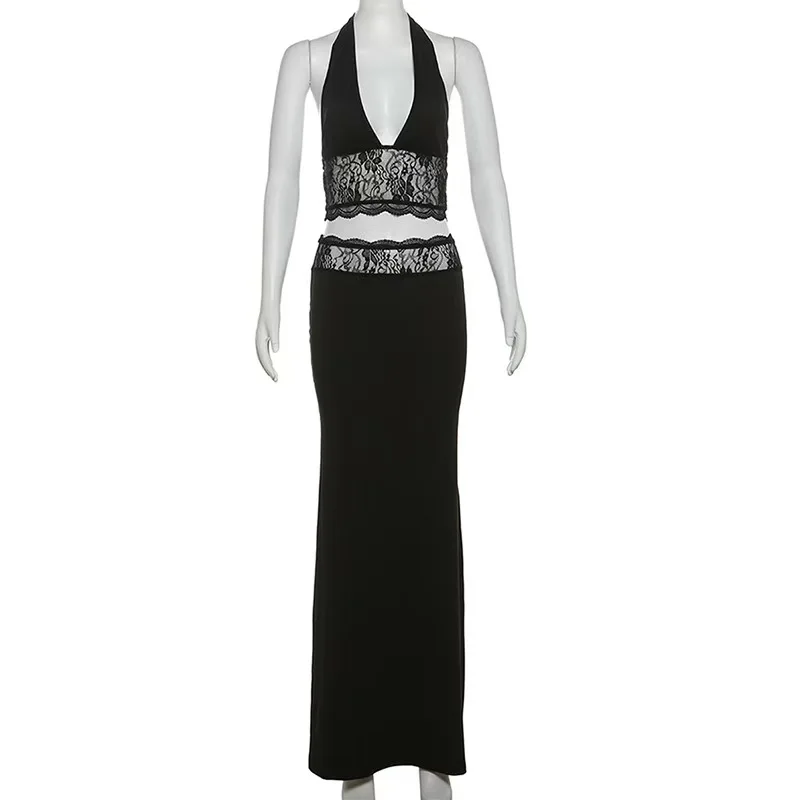 Sexy Lace Patchwork Women 2 Piece Set Halter Fashion Backless Sheer V-neck TanksTop +Long Skirts Mujer Elegant Suits 2025 Summer