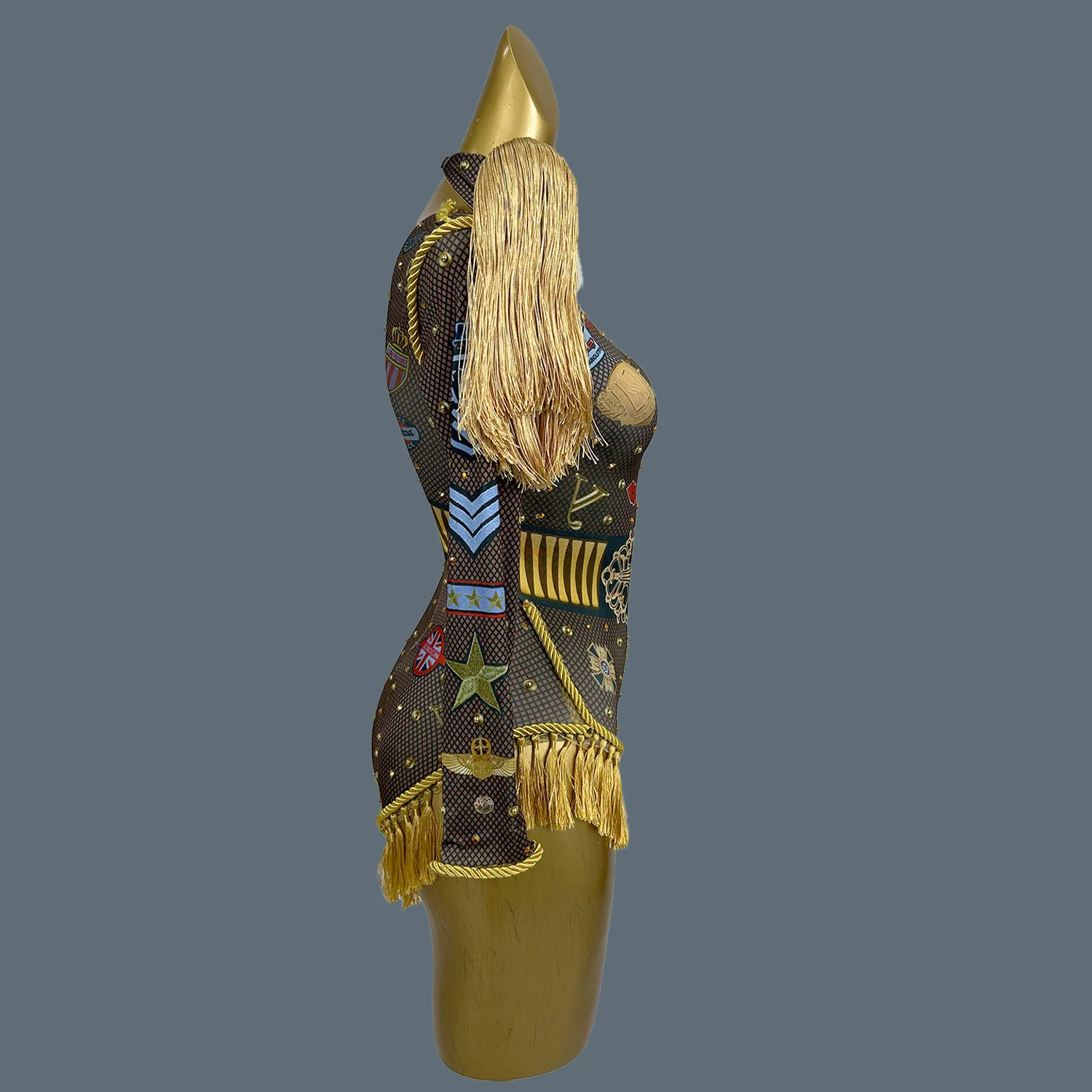 Women Nightclub Stage Performance Sexy Tassel Bodysuit Party Dance Wear Pattern Printing Spandex Elastic Bodycon Leotard Tuzhang