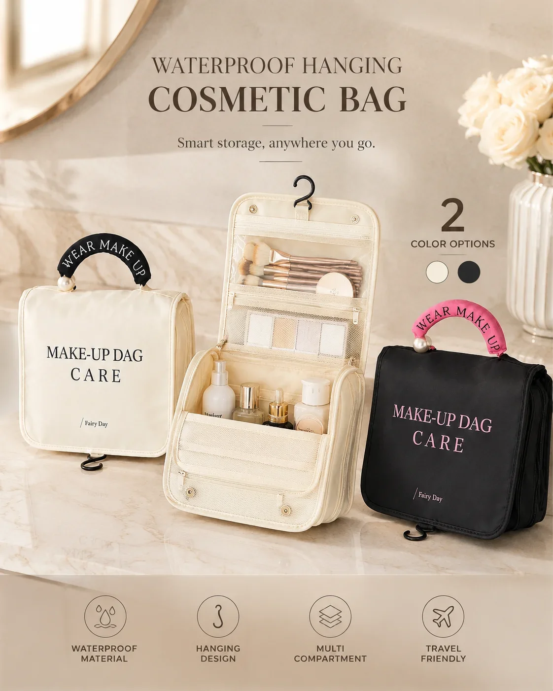 Large Capacity Hanging Makeup Bag with Pearl Handle, Waterproof Toiletry Storage for Women and Travel