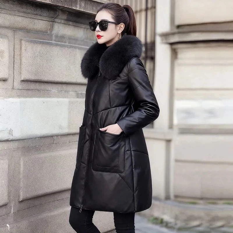 Women's Winter Long Loose Soft Leather Cotton Jacket Korean Fashion Fur Collor Puffer Jacket Large Size PU Leather Parkas Coat