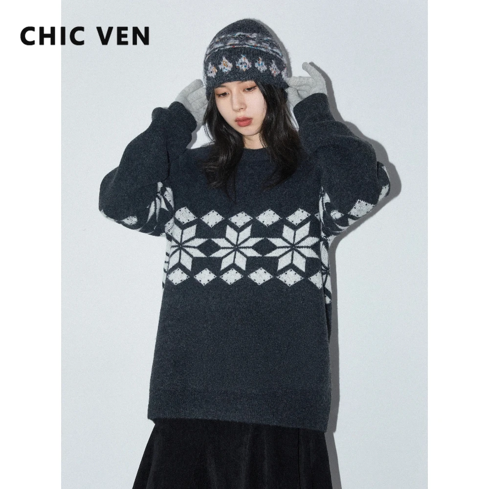 

CHIC VEN Korean Women Sweaters Loose O Neck Snowflake Jacquard Knitted Jumpers Warm Ladies Pullovers Autumn Winter 2026 Clothing
