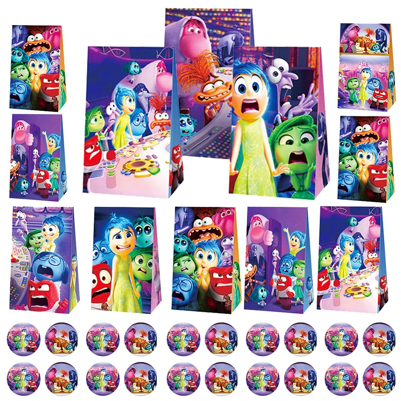 12pcs Disney Inside Out 2 Theme Paper Gift Bags Birthday Party Decoration Candy Bags With Sticker For Children Party Supplies
