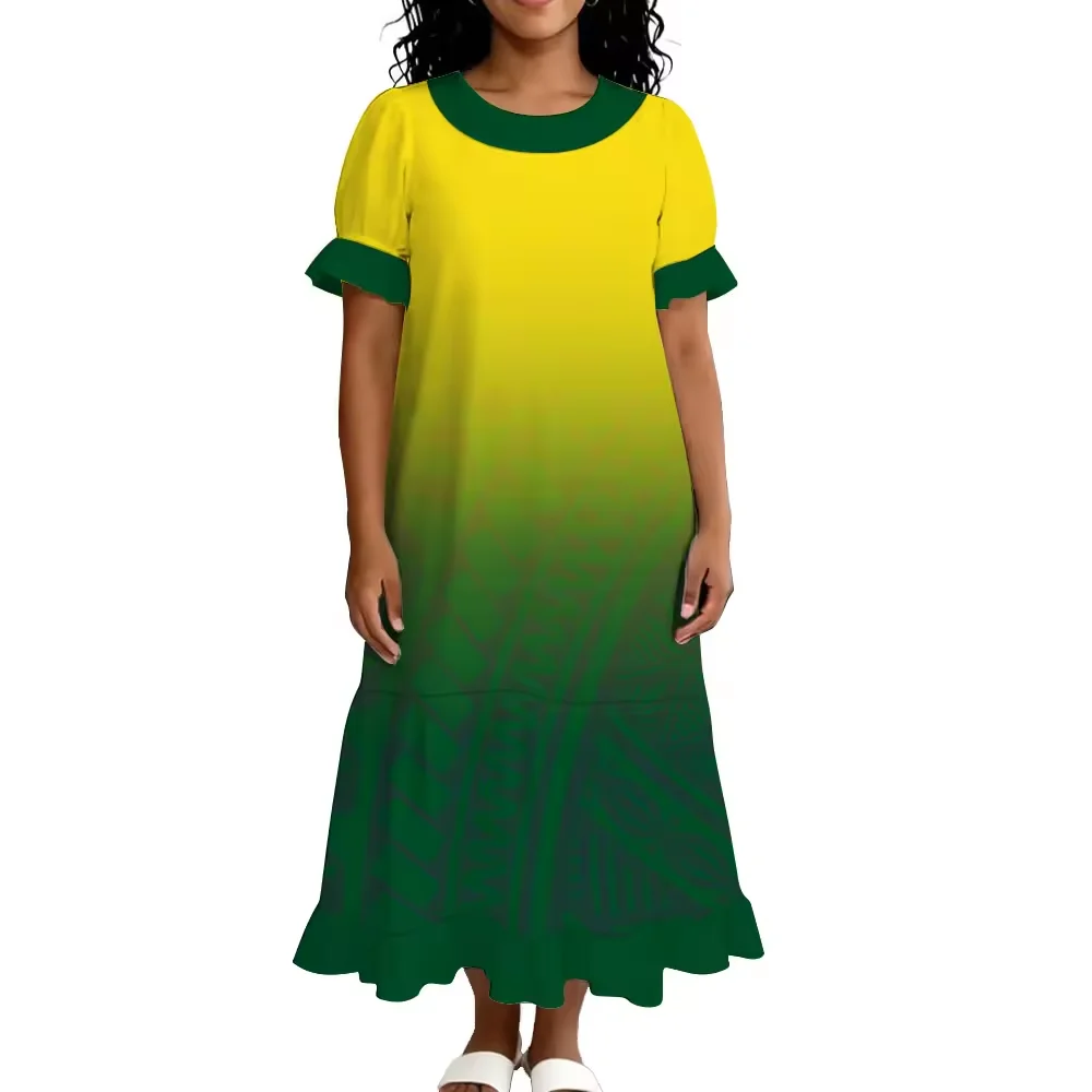 Polynesian Tribal Yellow Green Gradient Printed Lady Mumu Dress Ruffle Cuff Short Sleeve Island Casual Loose Fit Long Maxi Dress