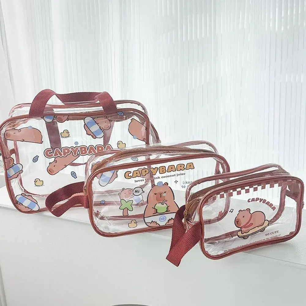 New Transparent Capybara Pen Bag Double-laye Large Capacity Stationery Storage Bag Waterproof Document Bags