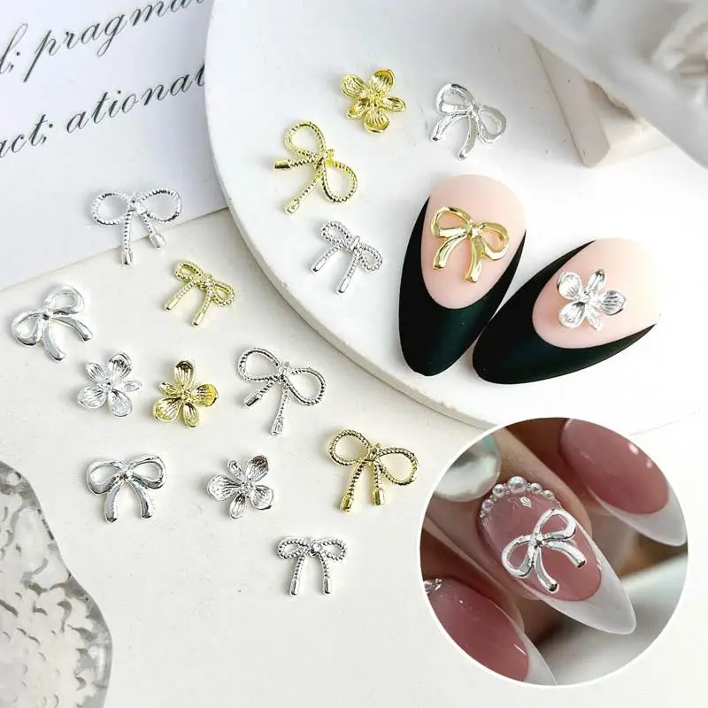 

20PCS Minimalist Metal Alloy Bows Nail Art Decorations 3D Mini Five Petal Flower Gold Silver Colors Nail Charms for DIY Nails