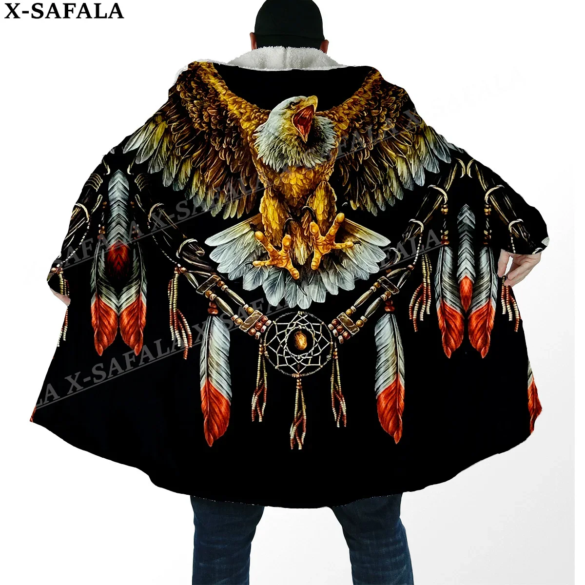 Native Feather Eagle Dream Catcher Print Thick Warm Hooded Cloak Men Overcoat Coat Windproof Fleece Cape Robe Hooded Blanket-2