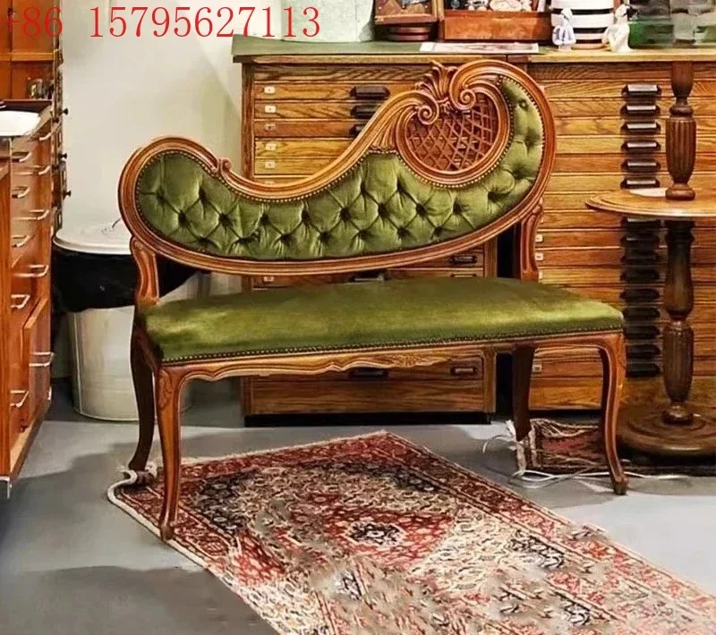 Solid wood sofa, living room French retro shoe changing stool, bedside stool, casual three-person high-end feeling9344