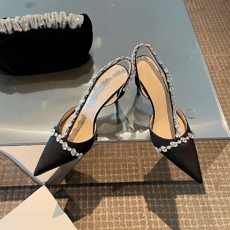 Summer New Style Fashionable Comfortable Casual Pointed Toe Shoes White High Heels Stiletto Heel Rhinestone Toe Sandals Woman