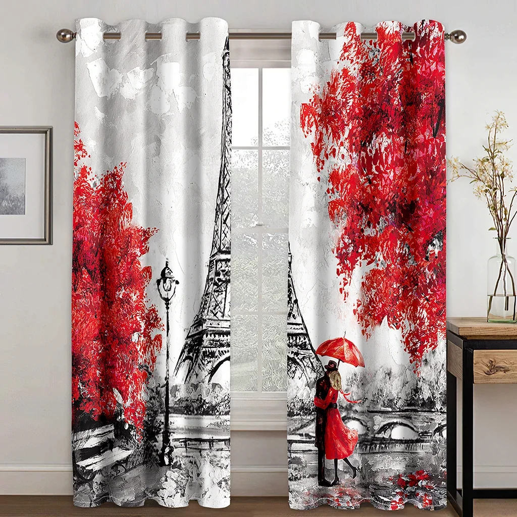 3D Red Rose Couple Flower Romantic Modern Light Filtering Drapes Theme Decorative 2 Panels Thin Curtains For Bedroom Living Room