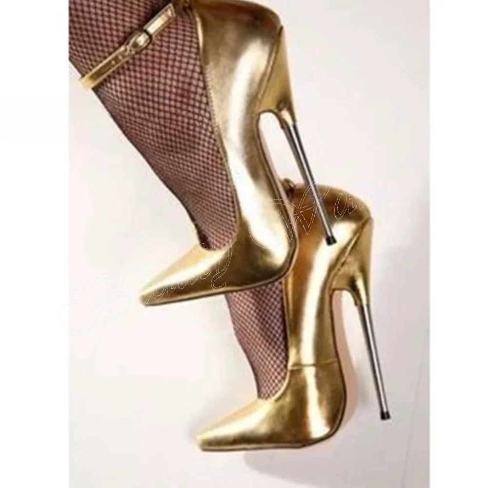 

Gold Patent Leather Pumps Metal Heel Pointed Toe Thin Supper High Heel Shoes for Women Wedding Shoes 2023 Zapatos Para Mujere