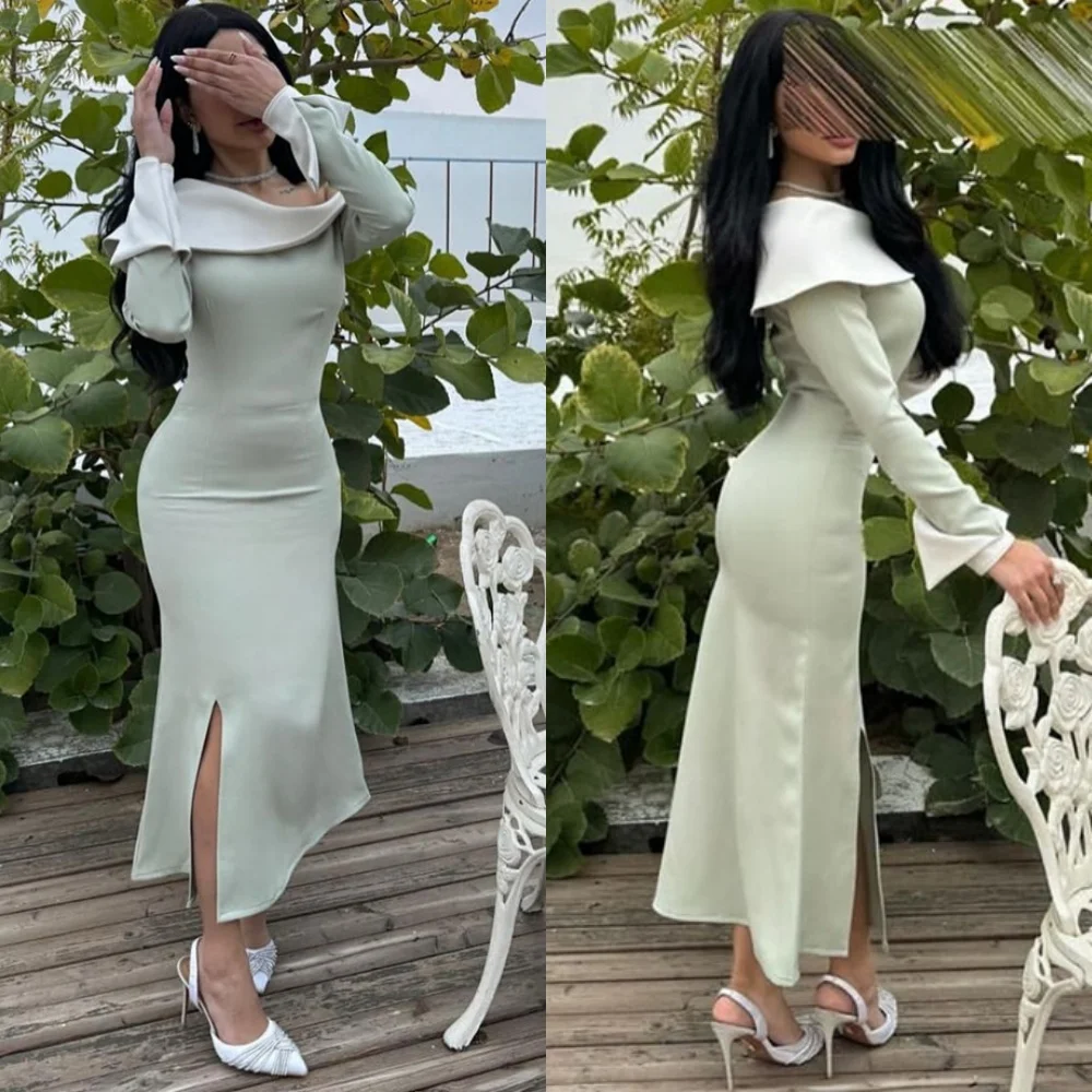 Abito da sera personalizzato a maniche lunghe in jersey a sirena Abiti da festa classici alla caviglia Abiti moderni per occasioni speciali con spacco laterale