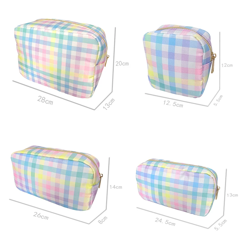 2024 New Rainbow Plaid Make Up Pouch Bag Cute Nylon Travel Cosmetic Bag for Women Waterproof Toiletry Bag