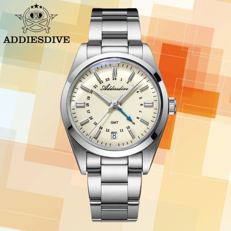 ADDIESDIVE 36mm Uhr für Männer 316L Edelstahl BGW9 Super leuchtende 100m wasserdichte Kalenderanzeige GMT Quarz-Armbanduhr