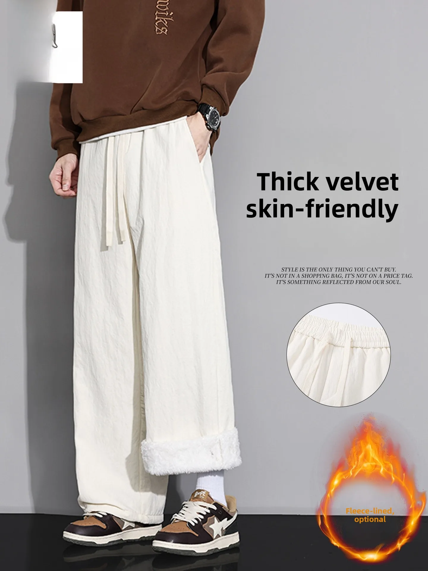 

Men's Fce Lined Straight Leg Pants Casual Spor Loose Fit Autumn Winter Warm Trousers with Dstring Trendy Brand