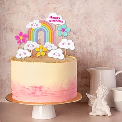 Happy Birthday Cake Topper Cloud Flowers Rainbow Birthday Cake Decoration Kids Girl Birthday party Baby Shower Cupcake Baking