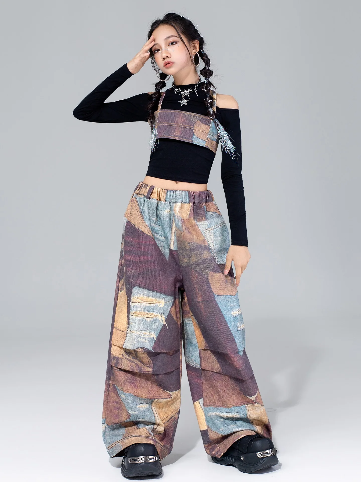 Mädchen Hip Hop Jazz Dance Kleidung Kpop Lange Ärmel Crop Tops Baggy Mode Hosen Kinder Straße Tragen Modern Dance Tragen BL17713