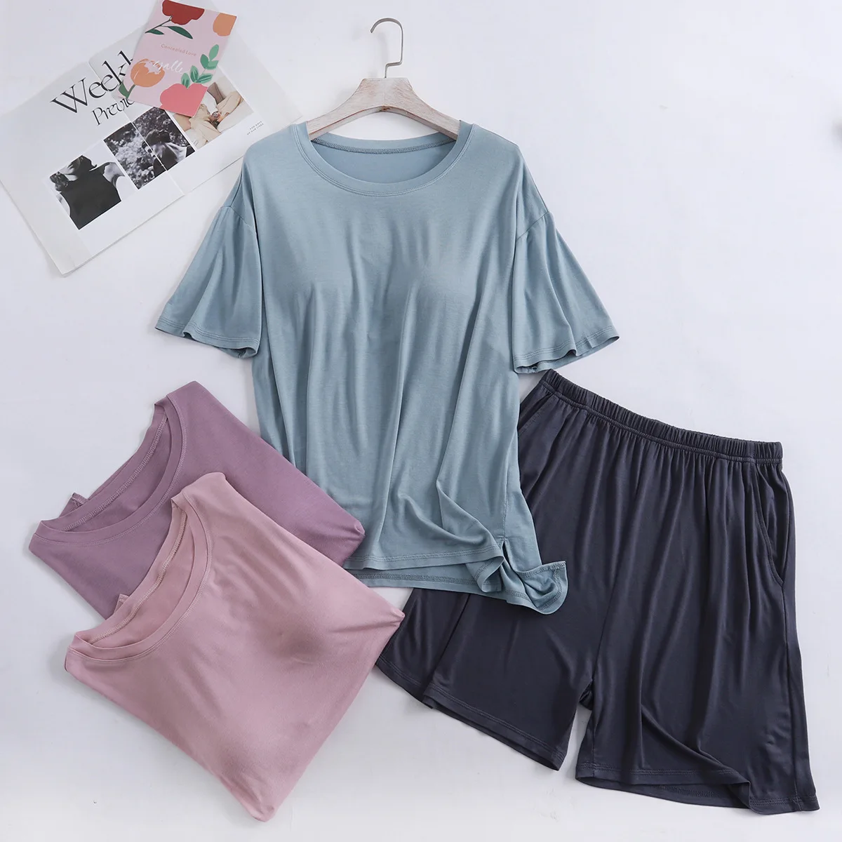 

Women's Summer Modal Cooling lightweight Pajama Set Built-in Bra Tshirts and Shorts Korean Style Homewear Wearable Outdoors