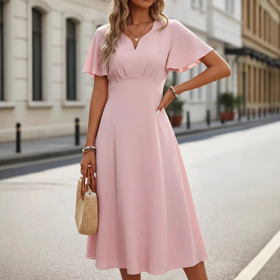 Cross Strap V Neck A Line Midi Dress Summer Short Sleeve Flowy Swing Dresses for Women Casual Vacation