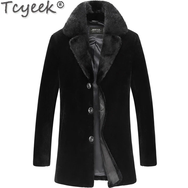 

Tcyeek Mid-length Casual Sheep Shearling Coat Men Thickened Winter Warm Wool Jacket Mens Clothing Mink Fur Suit Collar Fashion