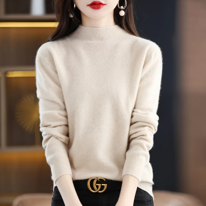 

Loose Long Sleeve Knitted Sweater Women's High Collar Roll Edge Pure Color Top Inner Wear Autumn Winter New Style Half High Coll