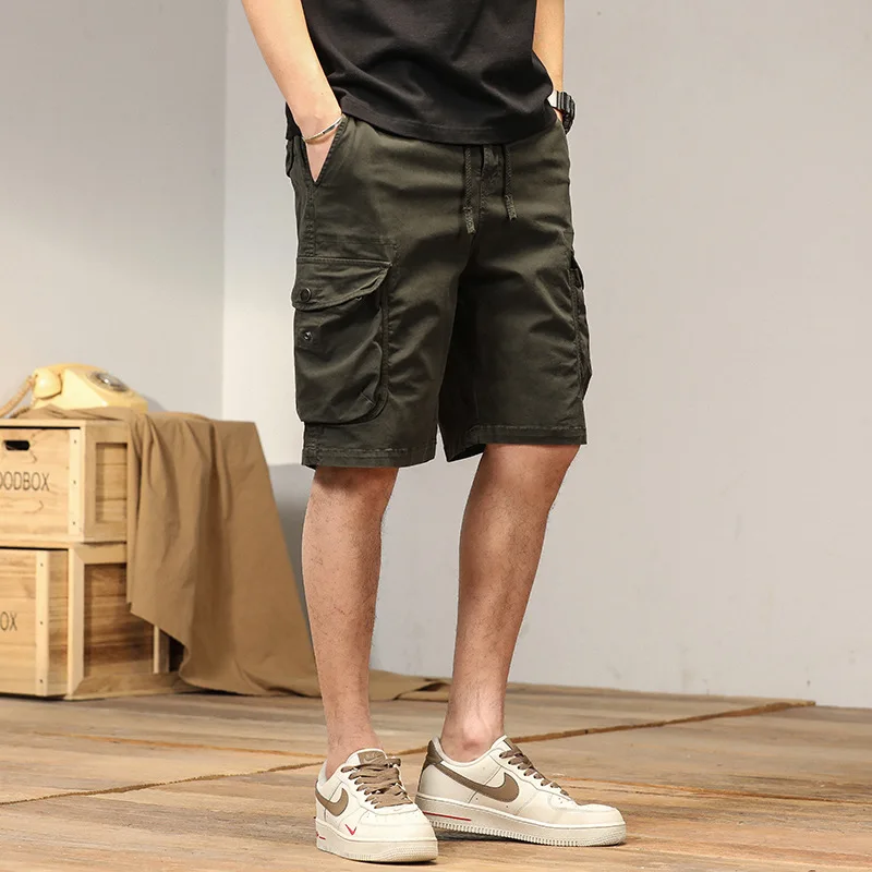 Summer Men Straight Tube Shorts Pure Cotton Work Clothes Casual Multi Bag Pants Loose Middle Pants