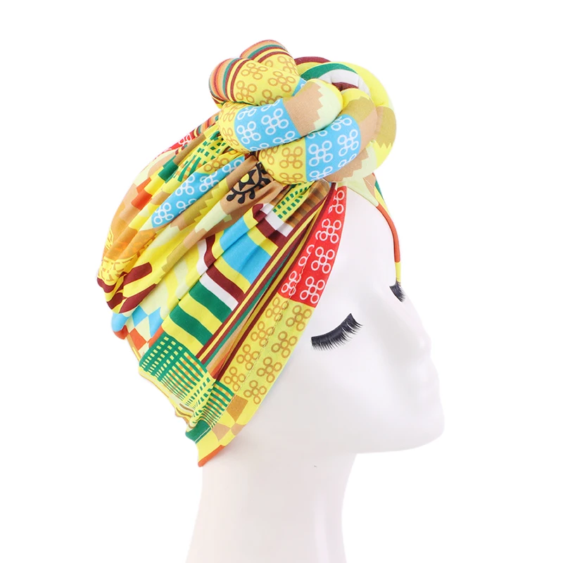 African Pattern Floral Print Knotted Turban Women Chemo Cap Headscarf Beanie Hat Party Wedding Turban Headwear Turbante Mujer