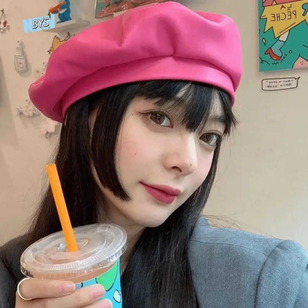 

Fashion Solid Color PU Beret Retro Y2K Flat Top Korean British Style Artist Hat Outdoor