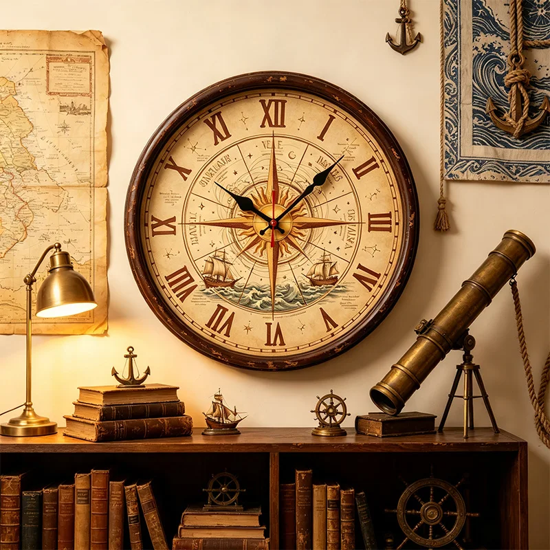 Nautical Compass Wall Clock Retro Sailboat Ocean Wave Roman Numeral Round Wall Watch Silent Non Ticking Distressed Wooden Frame Wall Clock for Coastal Study Library Home Decor