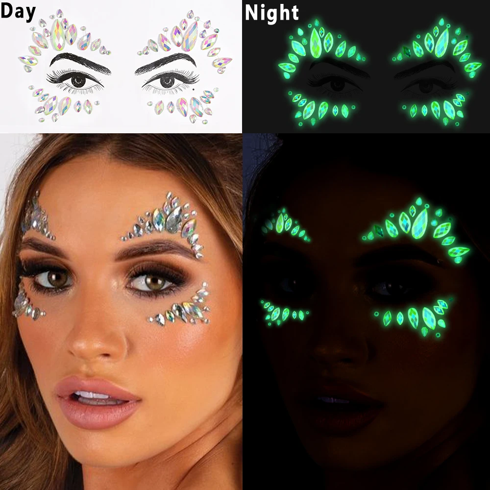 1pc 3D Luminous Face Jewels Tattoo Sticker Self Adhesive Rhinestones Temporary Tattoos for Makeup Rave Festival Holiday Costumes