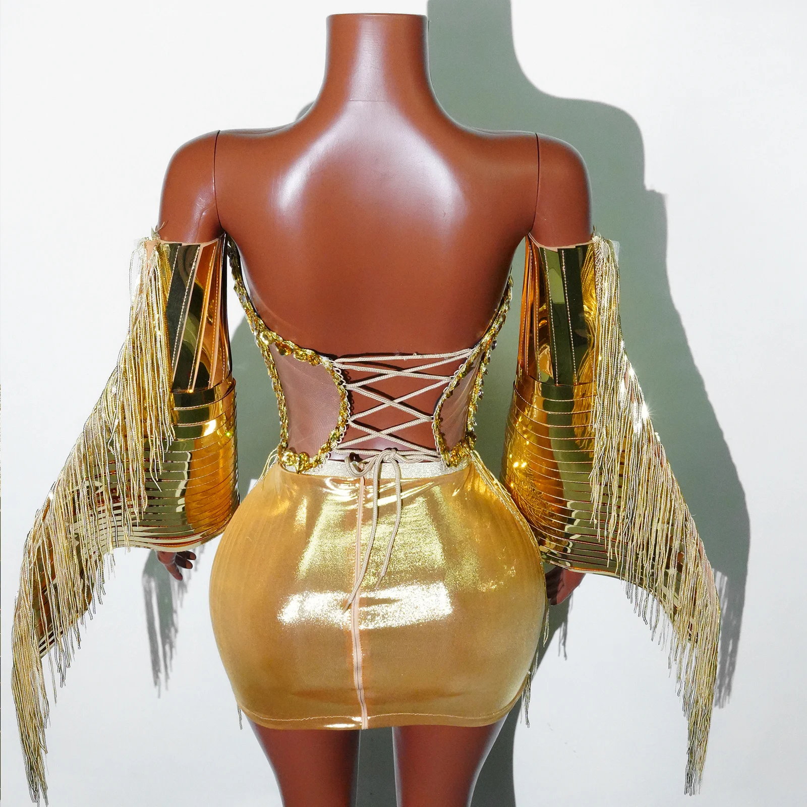 New Sexy Gold Net Set And Rhinestone Transparent Tassel Gloves For Party Dance Singer Stage Birthday And Nightclub Costume