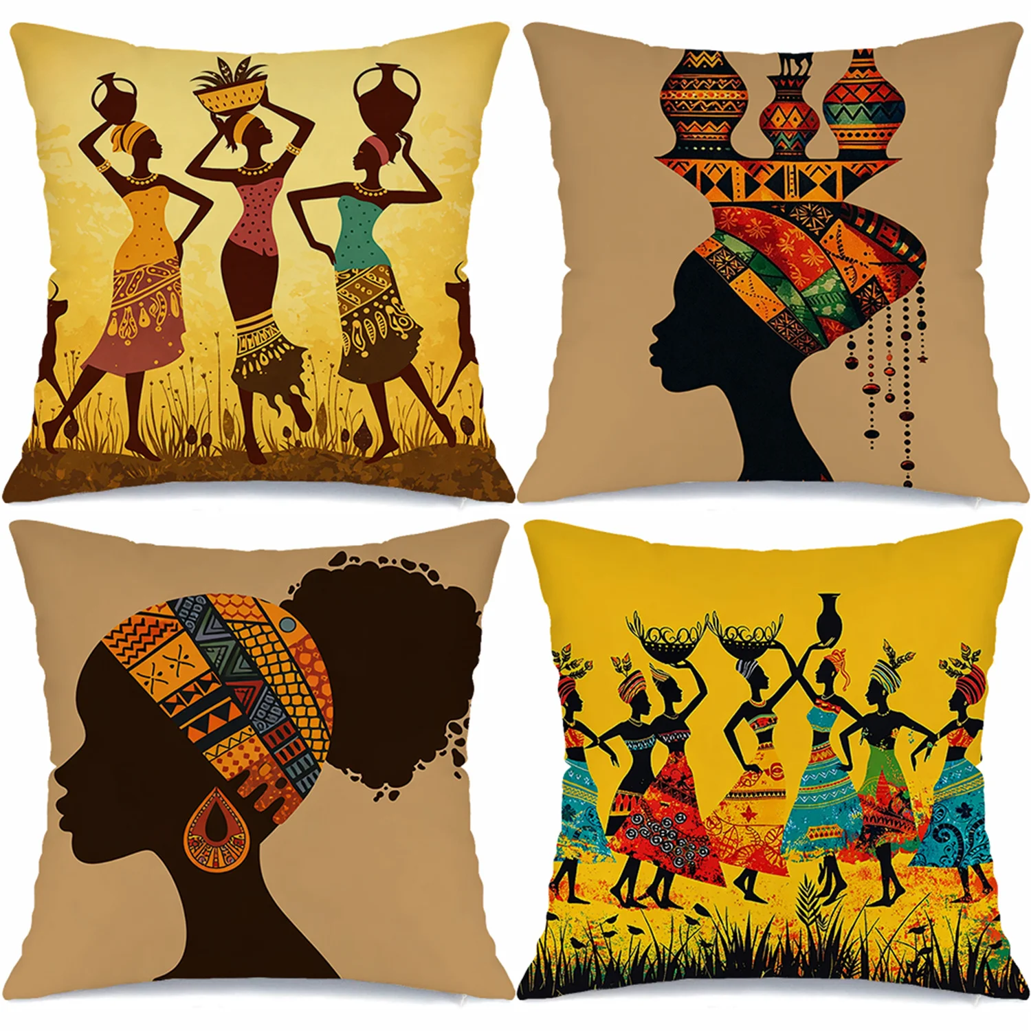 Colorful African Ethnic Pillow Covers, Tribal Woman Silhouette & Pot Art Decorative Throw Pillow Cases, Afrocentric Home Decor