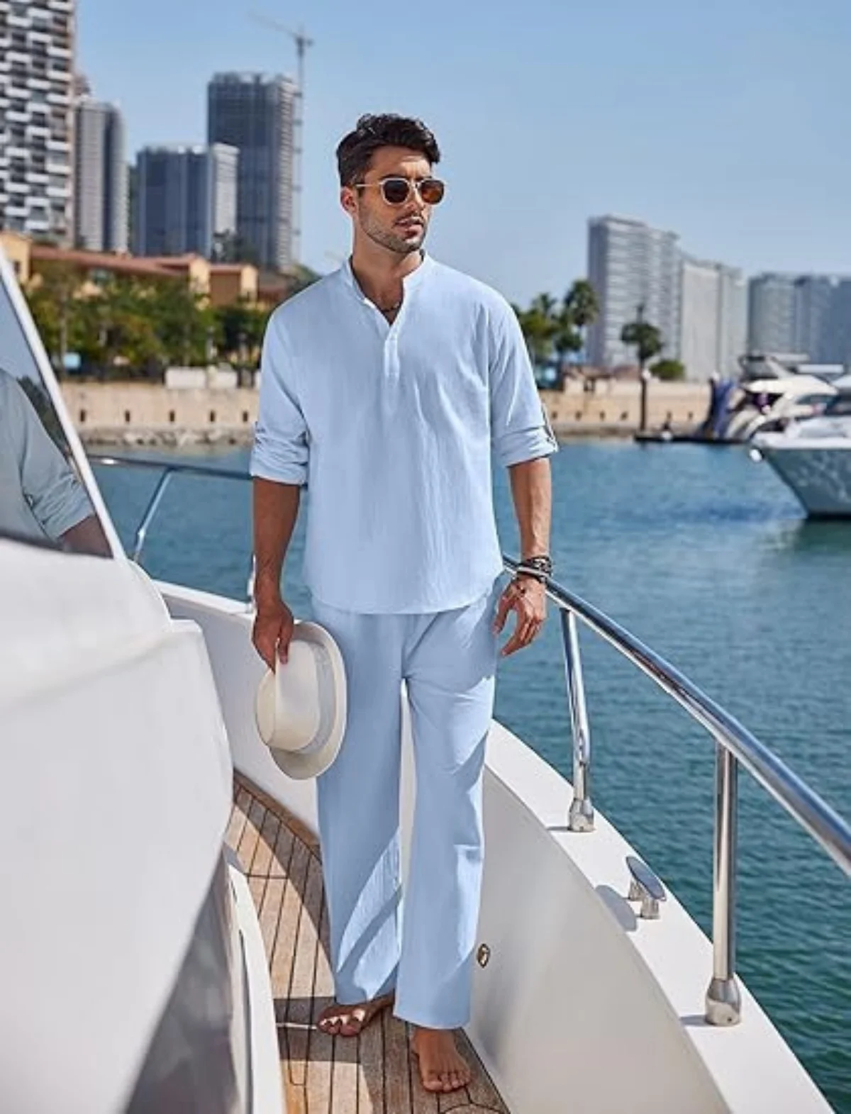 

Spring and autumn men's casual all-cotton set, solid color fashionable long-sleeved shirt, long pants and Henry shirt two-piece