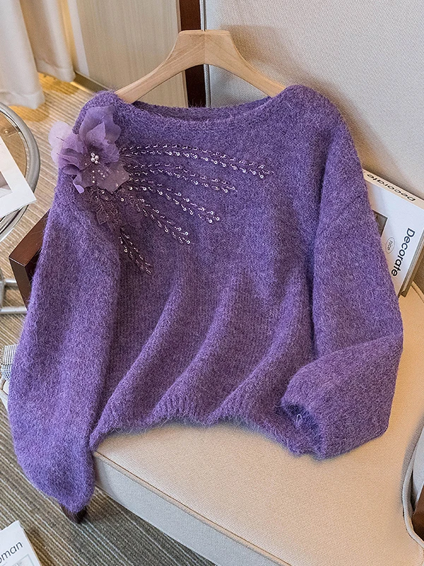 

Ele Long Sve Women's Sweater Purple Rhinestone 3D Flower plus Size Comfortable Soft Korean Sle Faionable Anti-Agin...