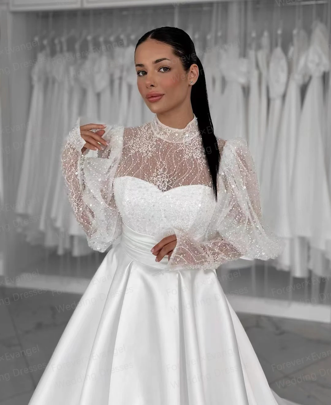 Simple Elegant Wedding Dresses 2024 For Woman A Line Sexy Appliques Long Sleeve Bride Gowns High Neck Formal Vestidos De Noche