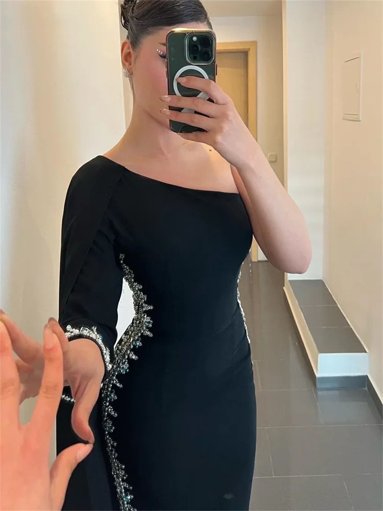 Arabic Black Evening Dresses Luxury Crystals Prom Dresses 2024 Mermaid Long dresse One Shoulder Prom Gown New فساتين السهرة