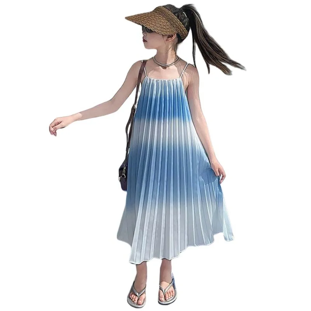 

Sleeveless Children Beach Vacation Skirt Holiday Ruffled Kids Suspenders Pleated Dress Gradient Color Long