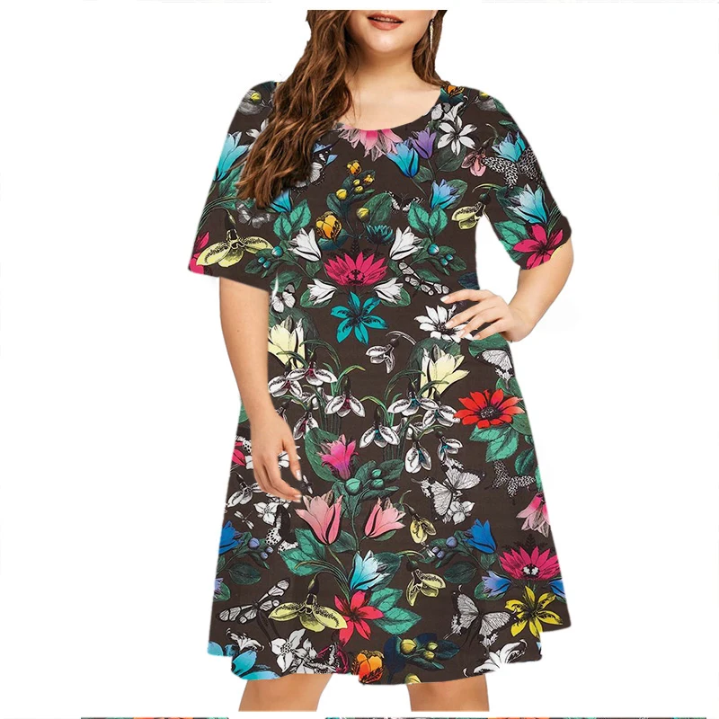 6XL abiti di grandi dimensioni estate pianta fiori stampa donna Plus Size abito manica corta Casual o-collo Mini prendisole abiti da donna