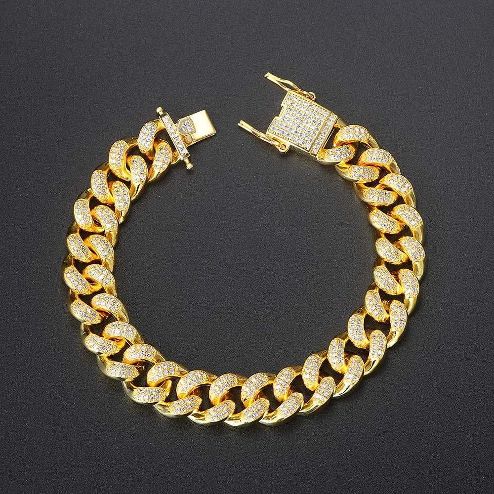 

Iced Out Cuban Link Chain Bracelet On Hand For Men Women Hip Hop Rapper Bling Men's Bracelet Homme Gold Color Jewelry OHH019