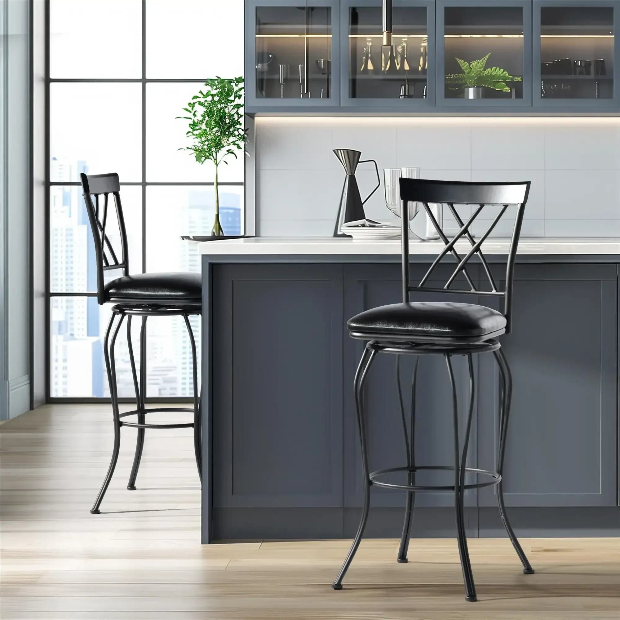 Conjunto de 2 bancos de bar de 30 polegadas, bancos giratórios acolchoados para ilha de cozinha, preto
